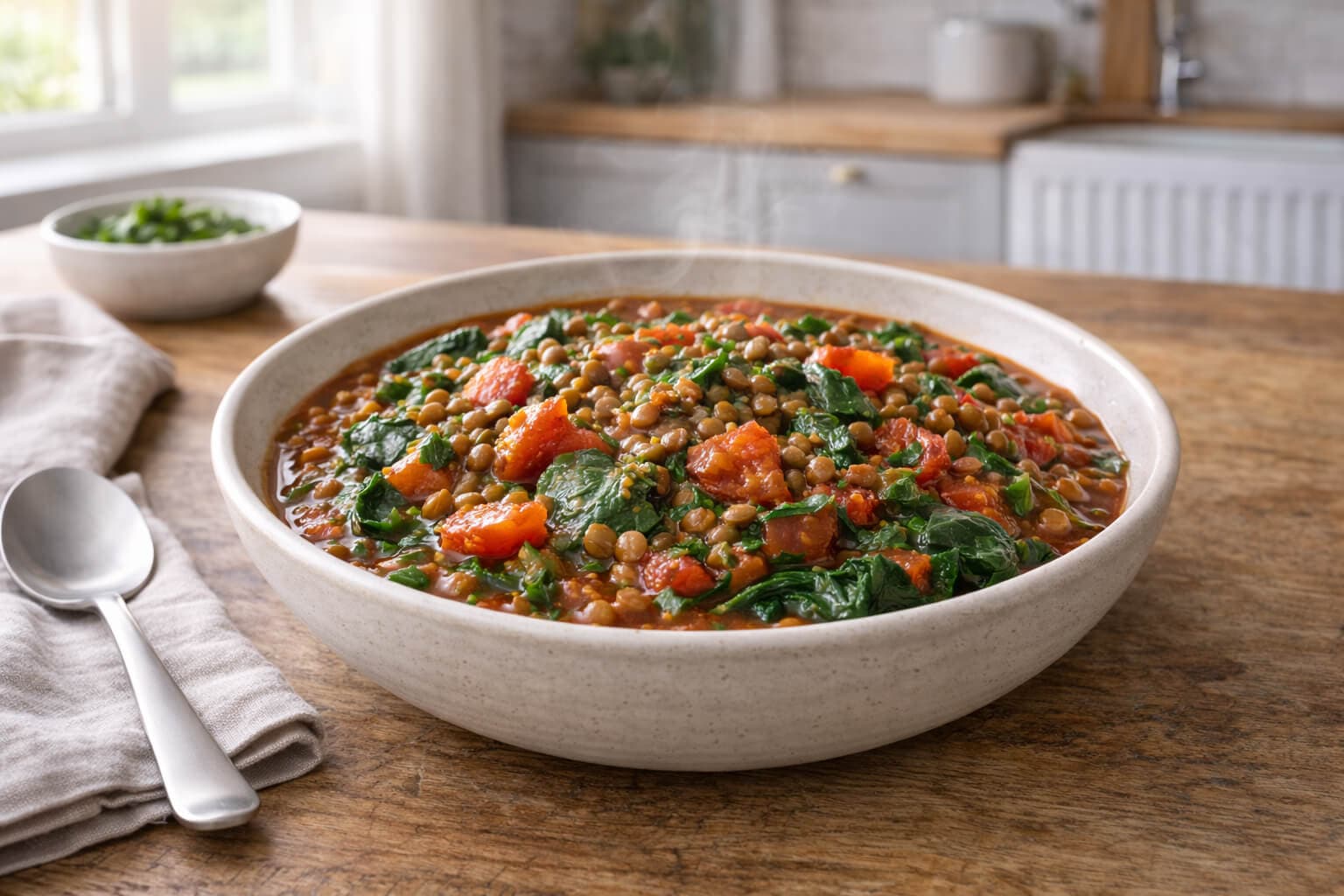 Linsegryte med spinat og tomat