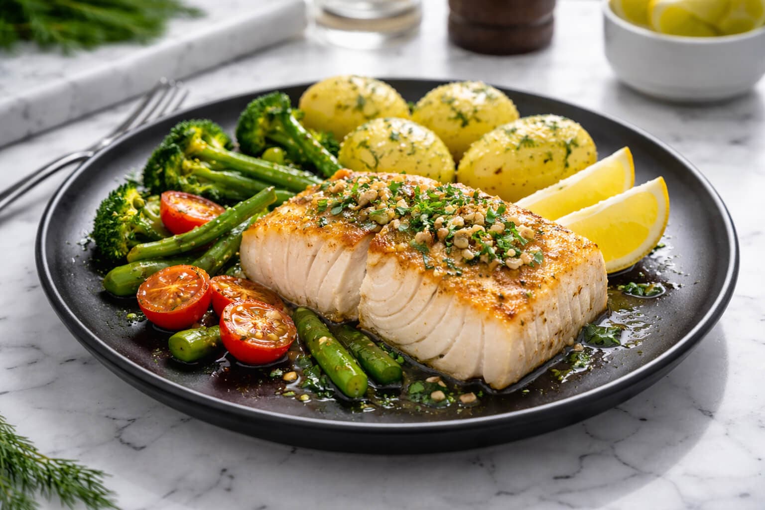 Pannestekt torsk med urte- og hvitløkssmør