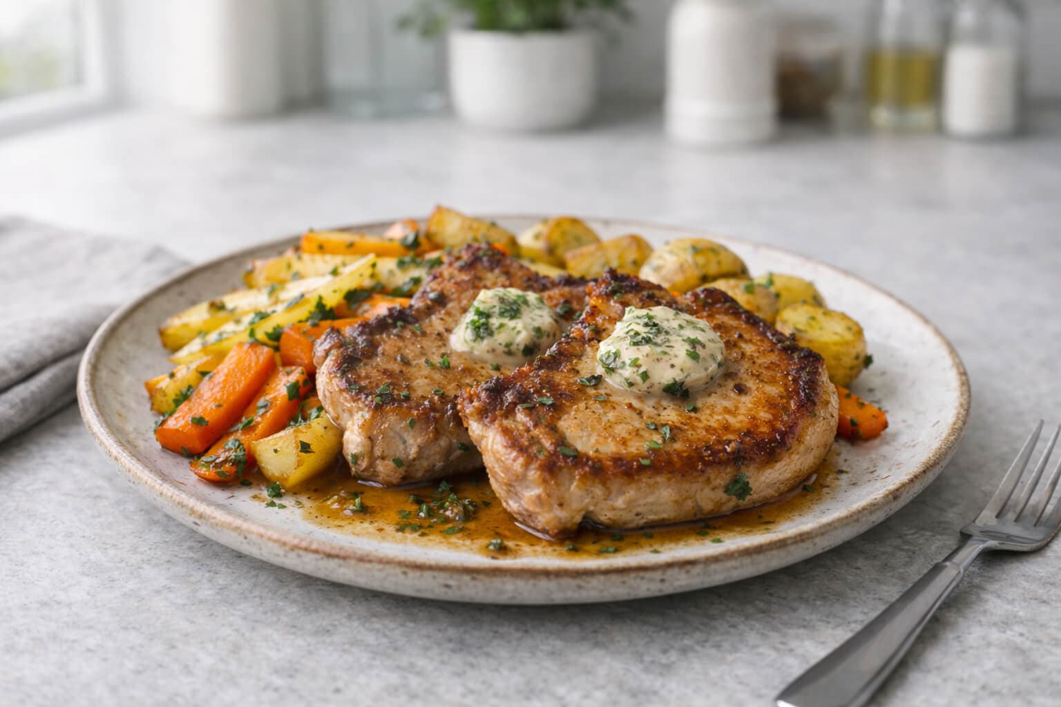 Svinekoteletter med rotgrønnsaker